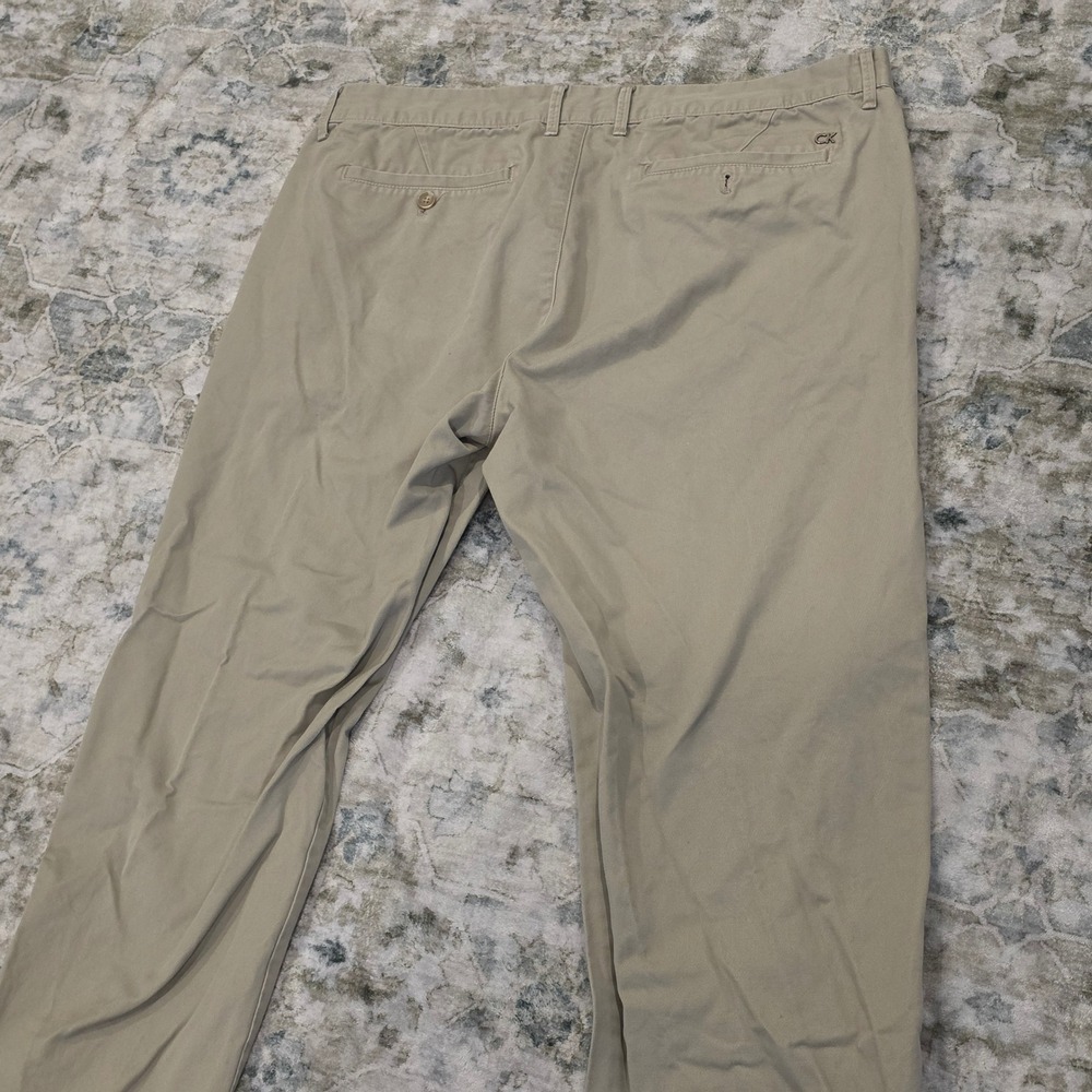 Calvin Klein Mens Khaki Chino Pants 38x32 Tan Cotton Blend Flat Front Trousers